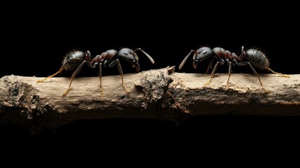 Two ants face each other on a branch against a dark background for insect study