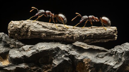 Two ants crawl on a stick over a rock with a black background for nature content