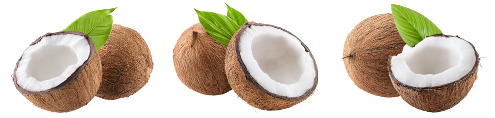 fresh coconuts with green leaves on white background