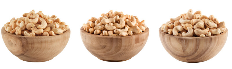 cashew nuts in wooden bowls on white background
