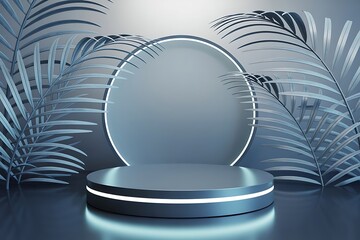 Futuristic podium with tropical leaves stage display