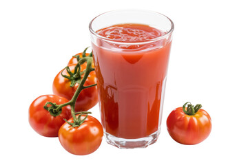 tomato juice in glass with fresh tomatoes on white background