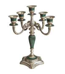 elegant silver candelabra with green accents on white background.