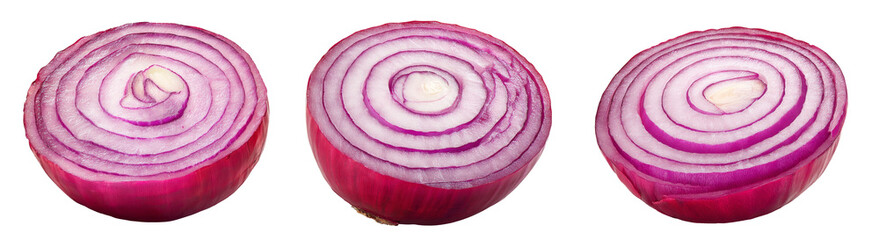 three sliced red onions isolated on white background.