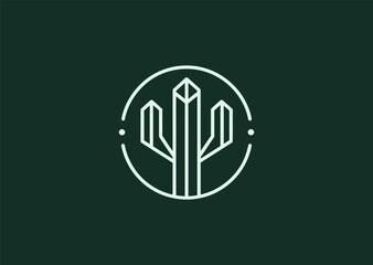 A clean cactus logo in minimal line style, representing endurance, resilience, and natural beauty, drawn with smooth outlines in a balanced geometric vector form