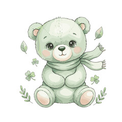 Fototapeta premium Teddy Bear Green Clipa whimsical, ultra-detailed watercolor illustration of an adorable baby teddy bear in soft shades of green, sitting cutely with plump round paws and a tiny fluttering green scarf 