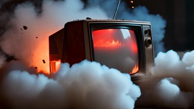 An old fashioned TV erupts in flames and shatters among swirling dust and debris, delivering an intense and cinematic explosion scene