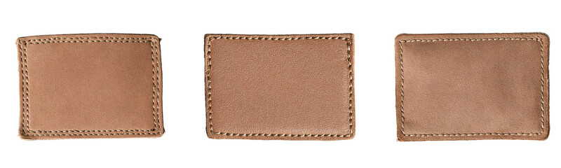 leather tags, three leather patches on white background.