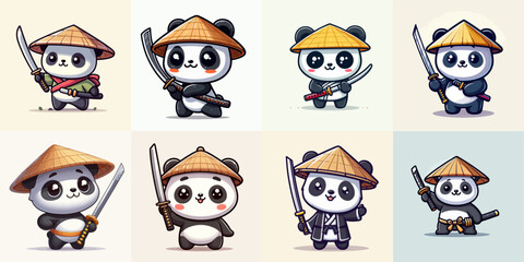 vector illustration set of cartoon panda wearing a Chinese hat