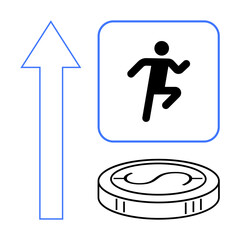 Arrow pointing upward, a figure leaping forward in a frame, and a coin represent growth, ambition, financial achievement. Ideal for business, progress, success, finance motivation innovation
