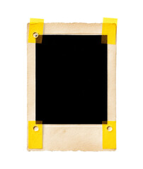 photo frame with yellow tape, isolated on white background.