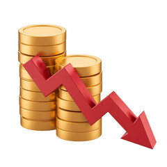 falling coins with red arrow, isolated on white background.