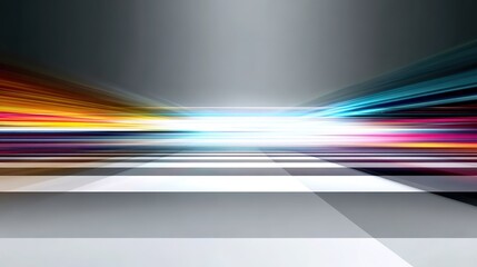 Abstract background for virtual space: colorful light streaks + white horizontal stripes on the floor, creating motion blur and speed atmosphere, vector illustration suitable for tech promotion