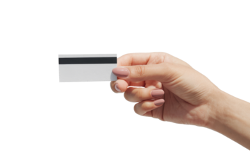 hand holding a credit card, isolated on white background.