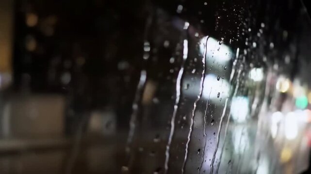 steady, gentle rain is falling, creating rivulets that distort the streetlights and traffic passing by outside a car window at night. The sound is a low, consistent drumming of water on the glass.