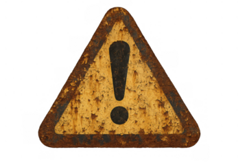 Rusty old warning sign with an exclamation mark, symbolizing danger, caution, and hazard, isolated on transparent background