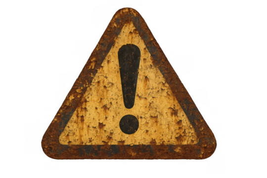 Rusty old warning sign with an exclamation mark, symbolizing danger, caution, and hazard, isolated on transparent background