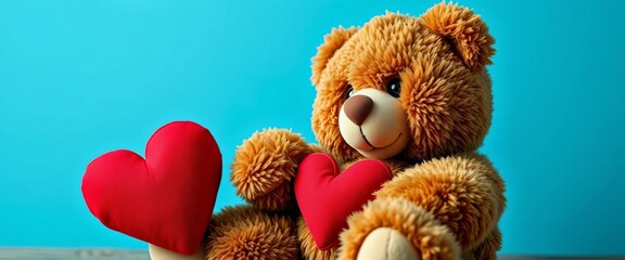 Plump brown teddy bear sits smiling, clutching a heart, joyful,  whimsical