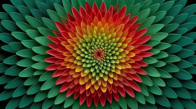 Psychedelic blooming flower, red and green gradient, representing nature's symmetry and growth