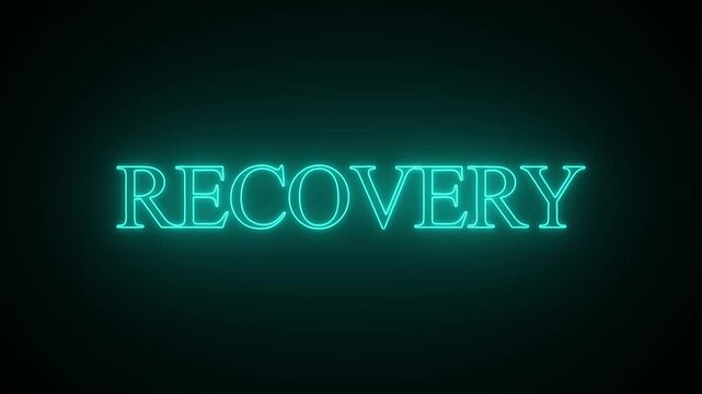 Cyan neon sign spelling out the word recovery on a dark background