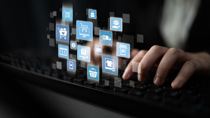 Fototapeta premium Omni-channel marketing and online shopping strategies, cross-platform customer experience, brand unification, and integrated marketing communication across digital channels. Entice
