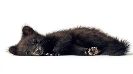 Obraz premium Black animal lies on white surface. Background is plain. Can be used for an ad or blog