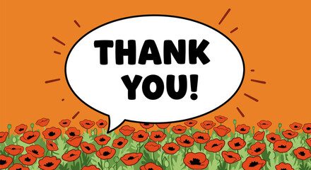 Thank you message in a speech bubble above poppy flowers.