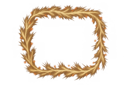 Golden feather wreath frame with berries creating festive garland border on transparent background