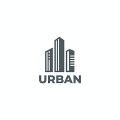 Fototapeta premium Gray stylized cityscape graphic with three buildings and the word 