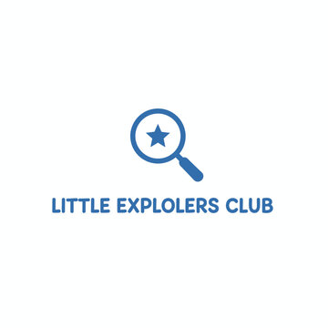 A blue magnifying glass with a star inside and the words "Little Explorers Club" on a white background