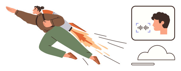 Man with rocket backpack soaring forward, AI-powered face recognition element, cloud storage interface. Ideal for innovation, AI, progress, data security, speed, technology futuristic thinking