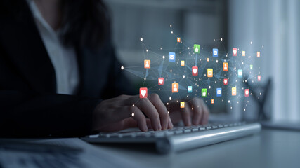 Social media interaction digital icons floating show concept of social media marketing. Online engagement, influencer marketing, and modern connection technology. Spline