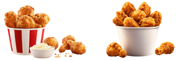 Golden Delights: A close-up view presents two buckets of fried chicken pieces, alongside a small serving of seasoning, tempting viewers with the flavors of a classic meal. 