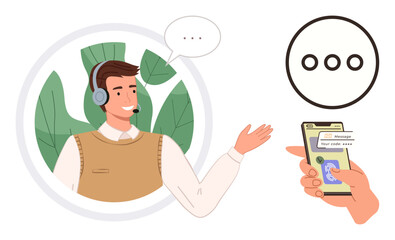 Customer service agent wearing a headset assisting, user verifying code on mobile, chat elements. Ideal for support, communication, remote work, user verification, technology, help desk customer