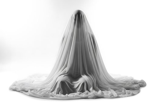 Ethereal figure draped in flowing white fabric against a stark white background