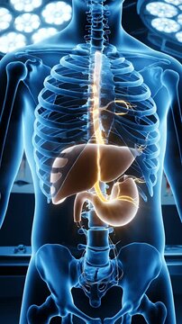 Anatomical Illustration of Esophagus Stomach Liver with Blue Body Medical Animation on Dark Background in Surgical Room for Healthcare Product and Anatomical Study Concept