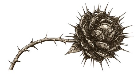 Obraz premium Stylized monochrome illustration shows a fantastical thorned metallic flower on white.