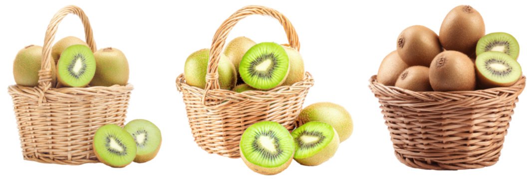 Kiwi Collection: A visually appealing display of ripe, vibrant kiwis, some halved to reveal the juicy green flesh, artfully arranged in rustic wicker baskets. A fresh fruit display for healthy eating.