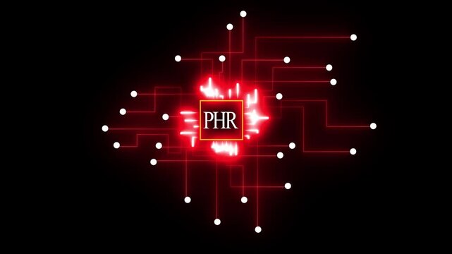 Digital circuit board with glowing red lines and white nodes on a black background with central PHR logo
