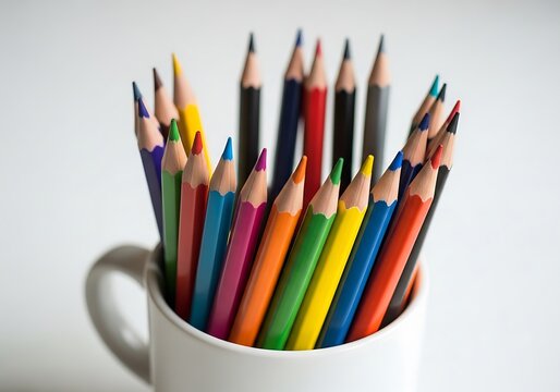 A vibrant collection of colored pencils neatly arranged in a white ceramic mug against a plain background