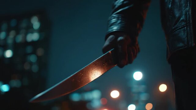 A person holds a knife in a dimly lit, bokeh-filled cityscape. Leather jacket details