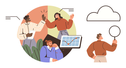 Group brainstorming with tablet data visualization, high-five gesture, and cloud as idea metaphor. Ideal for teamwork, productivity, strategy, innovation, planning, creativity leadership in flat