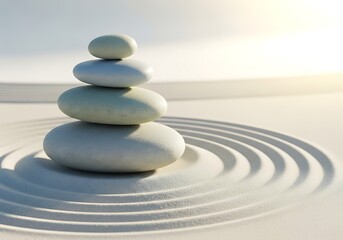 Zen garden harmony stacked stones balanced on raked sand with soft sunlight