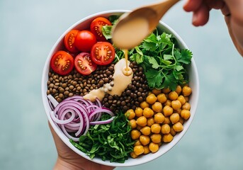 Vibrant and healthy buddha bowl packed with fresh vegetables and legumes