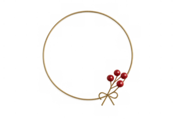 Gold round frame with red berries and bow, creating festive holiday border, transparent background for design