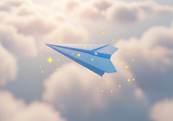 A whimsical blue paper airplane soars through a dreamy soft focus sky filled with clouds and sparkles