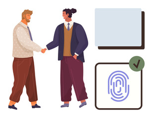 Two professionals handshake signifying agreement, nearby fingerprint icon with green check indicates successful authentication. Ideal for partnership, collaboration, trust, security, technology