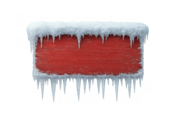 Weathered red wooden sign covered with fresh snow and sharp icicles on top and bottom border, winter season template
