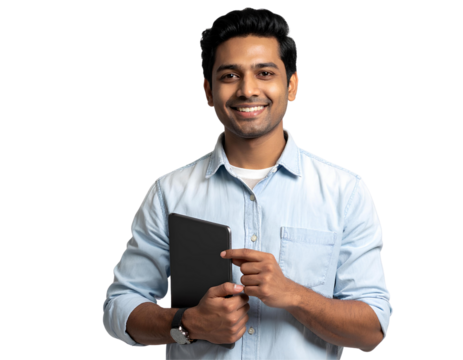 Smiling Young American Man Using a Digital Tablet with Cheerful Expression, isolated on a transparent background, PNG