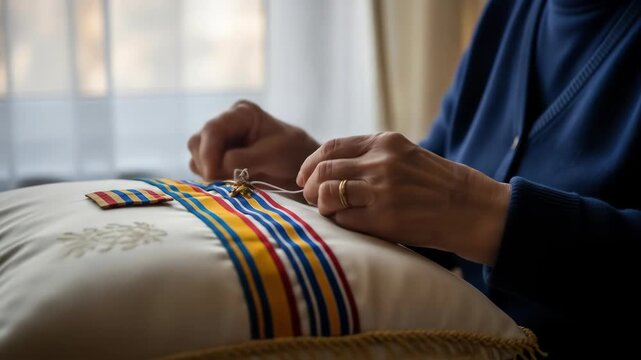 Close up of senior woman's hands working on ribbon, craft and mending